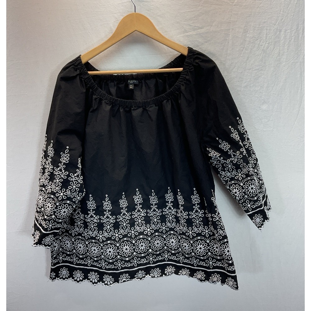 Talbots Black Cotton Eyelet Boho Off Shoulder 3/4 Sleeve Top Women's 2X Travel - Picture 2 of 9